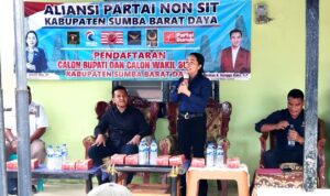 Calon Bupati Sumba Barat Daya Ratu Wulla Talu, memberikan sambutan saat melakukan pendaftaran ke Aliansi Paket Non Seat Kabupaten Sumba Barat Daya (Johan Sogara/Lintas Sumba)